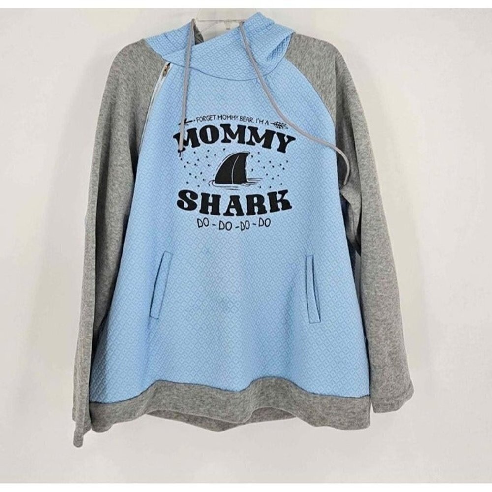 Plus Size 4XL Mommy Shark Blue & Gray Raglan Pullover Hoodie Double Hood